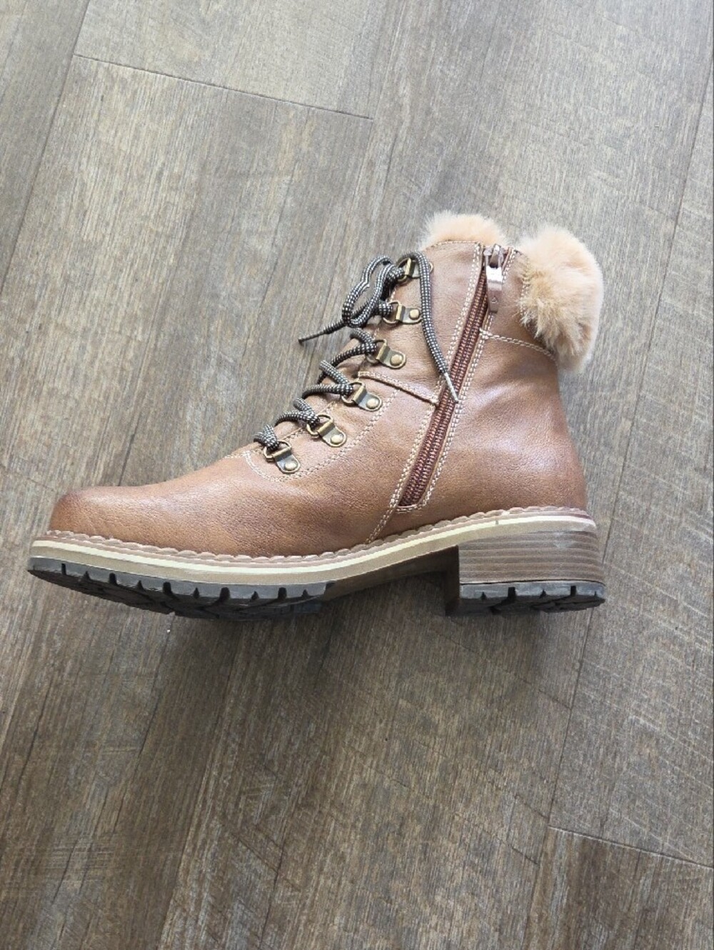 Women's Brown Lace-Up Faux Fur Trim Boots - Picture 5 of 9